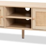 Baxton Studio Sebille Light Brown Wood 2-Door TV Stand with Natural Rattan